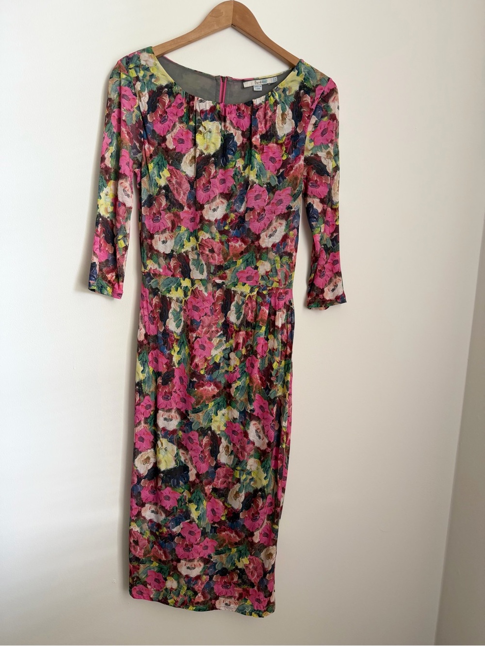 Boden Sophia Pop Petals Floral Midi Dress Pink 3/4 Sleeve Size 8L